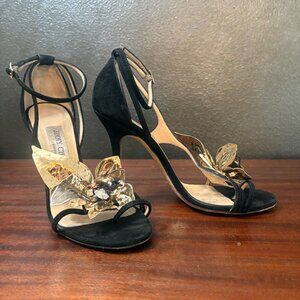 Jimmy Choo black suede dress stilettos with unique mixed metal flowers on top